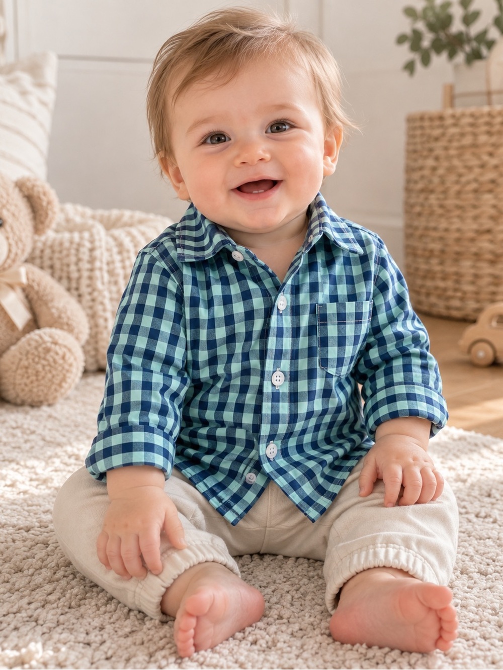 Baby Boy 0–3M Blue & Mint Gingham Button-Up Shirt Preppy Plaid Top